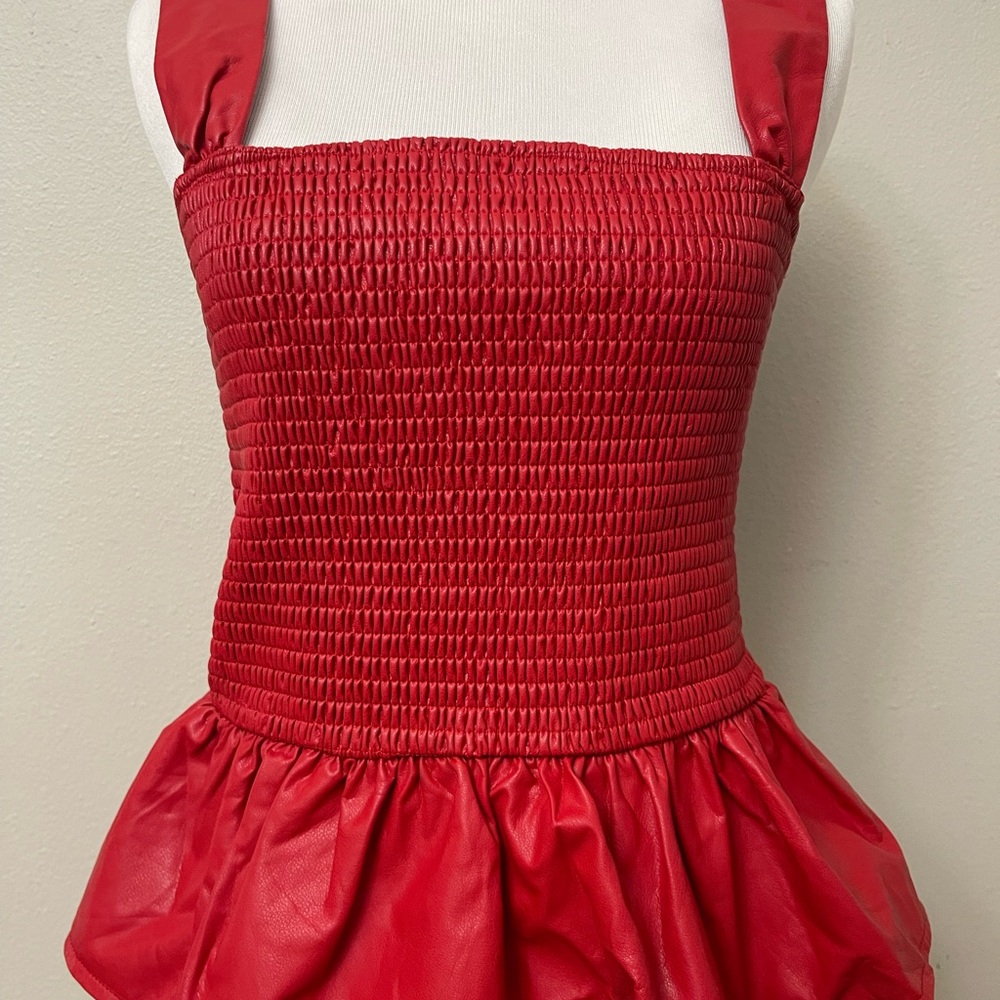 NWT! TCEC Red Peplum Christmas Holiday Smocked Vegan Leather Top Large